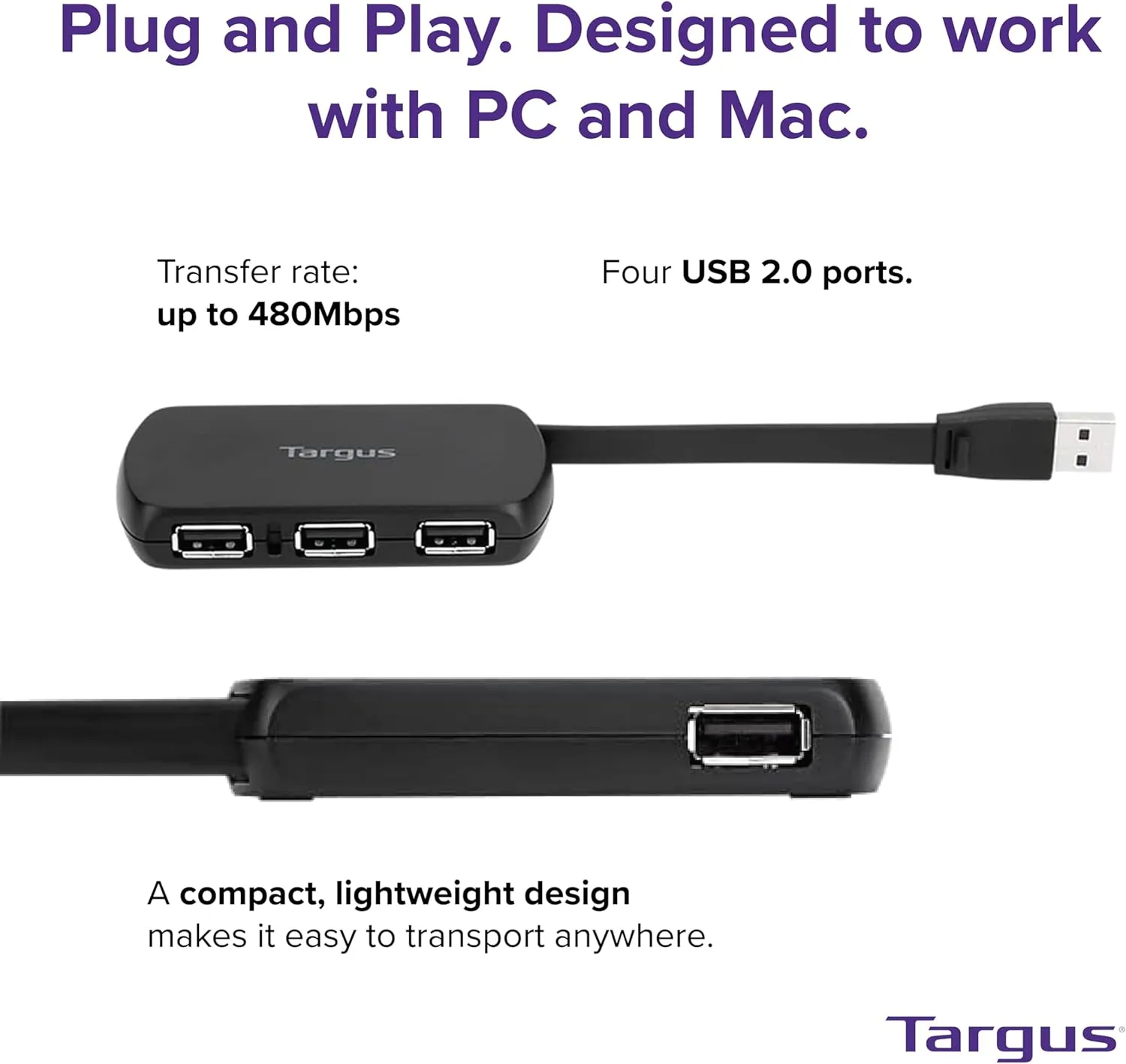 Targus 4-Port USB 2.0 Hub, Black - Compatible with PC and Mac, Sleek and Travel Friendly (ACH114US)