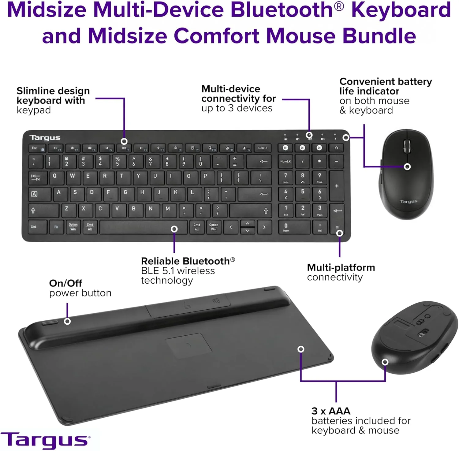 Targus Midsize Multi-Device Bluetooth Keyboard and Mouse Bundle - Compatible with Chrome OS, Windows, macOS, iOS, and Android (AKM619AMUS)