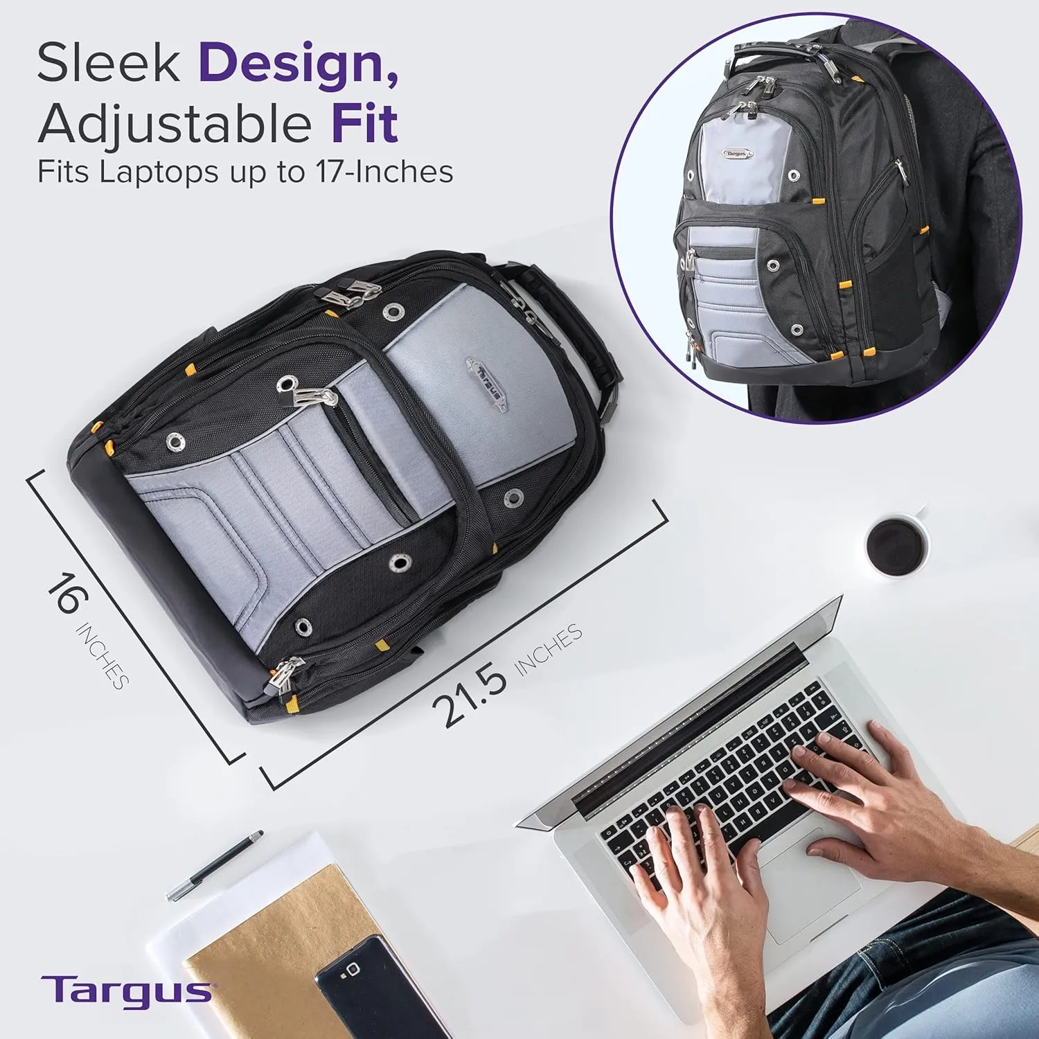 Targus Drifter II Laptop Backpack, Black/Gray – Backpack for Men for Business and Travel, Durable Water-Resistant Material