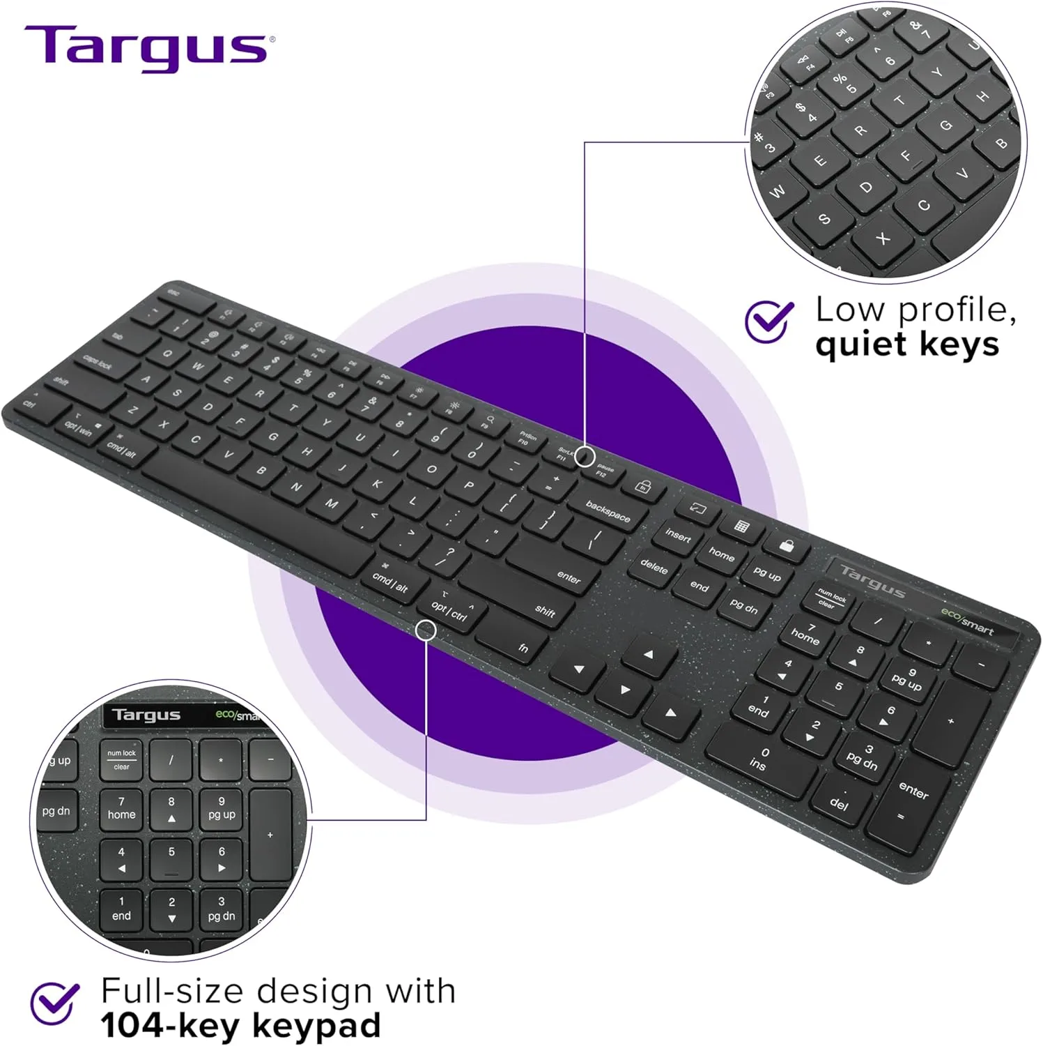 Targus - Full-Size Wired EcoSmart Keyboard 104 Key Keypad – Quiet Clicks – Instant Connectivity with Universal Compatibility (AKB874US)