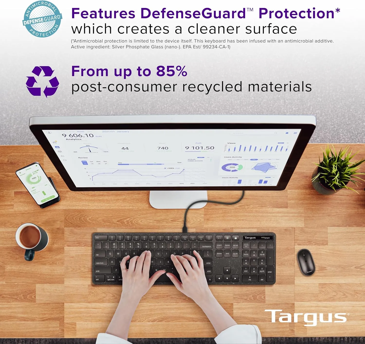 Targus - Full-Size Wired EcoSmart Keyboard 104 Key Keypad – Quiet Clicks – Instant Connectivity with Universal Compatibility (AKB874US)