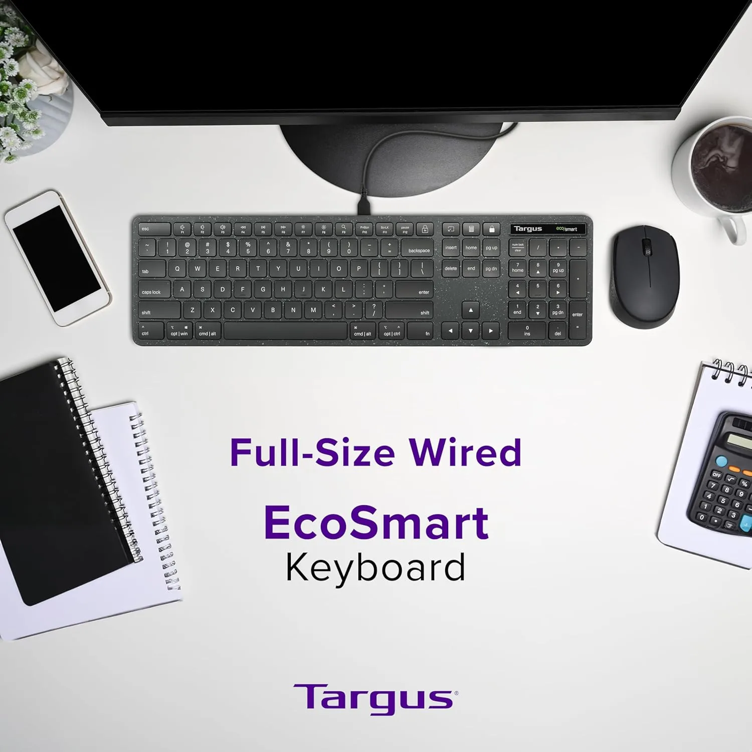 Targus - Full-Size Wired EcoSmart Keyboard 104 Key Keypad – Quiet Clicks – Instant Connectivity with Universal Compatibility (AKB874US)