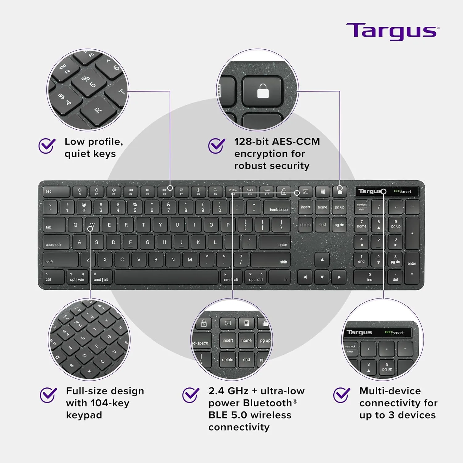 Targus Full-Size Wireless EcoSmart Keyboard 104 Key Keypad – Quiet Clicks – Instant Connectivity (AKB873US)