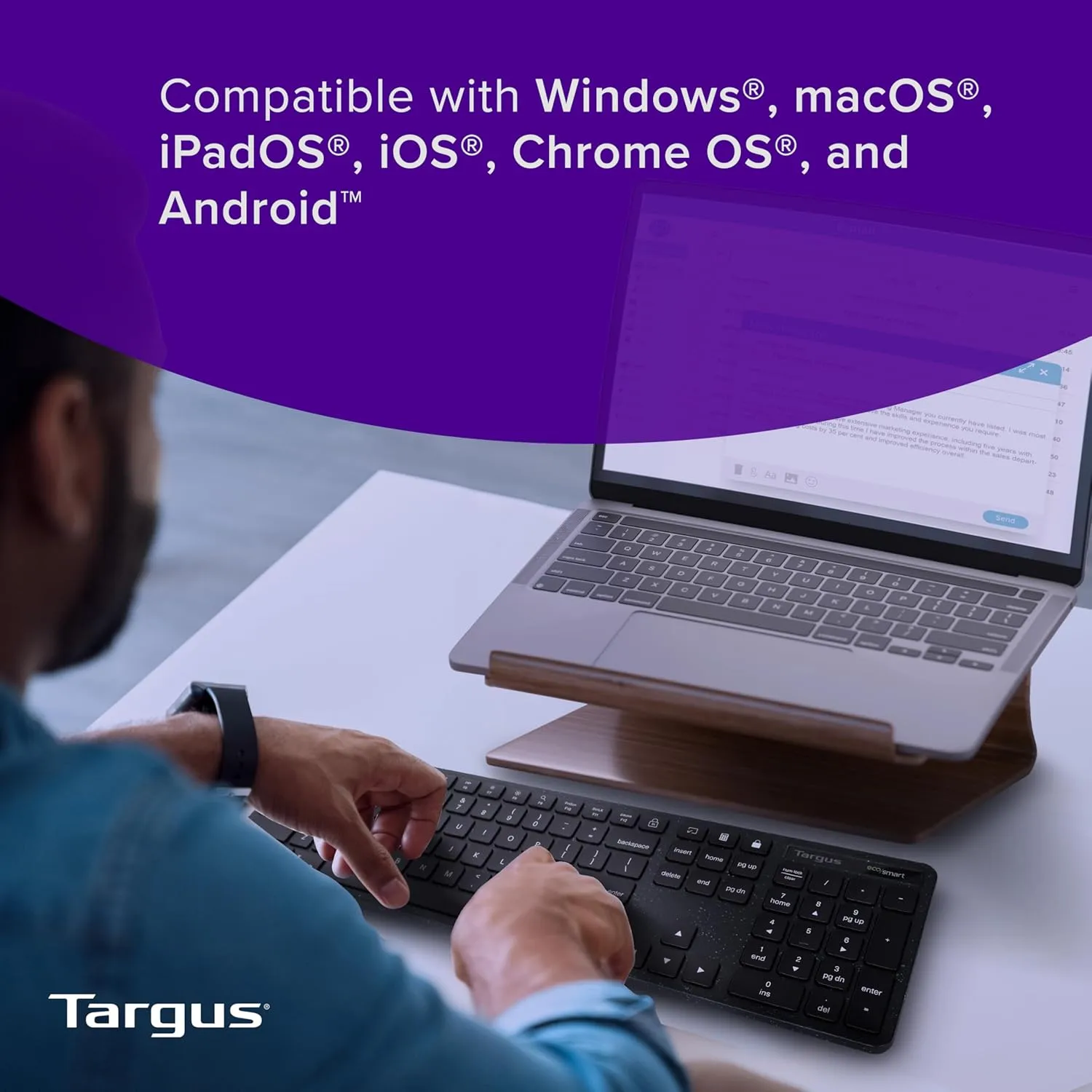 Targus Full-Size Wireless EcoSmart Keyboard 104 Key Keypad – Quiet Clicks – Instant Connectivity (AKB873US)