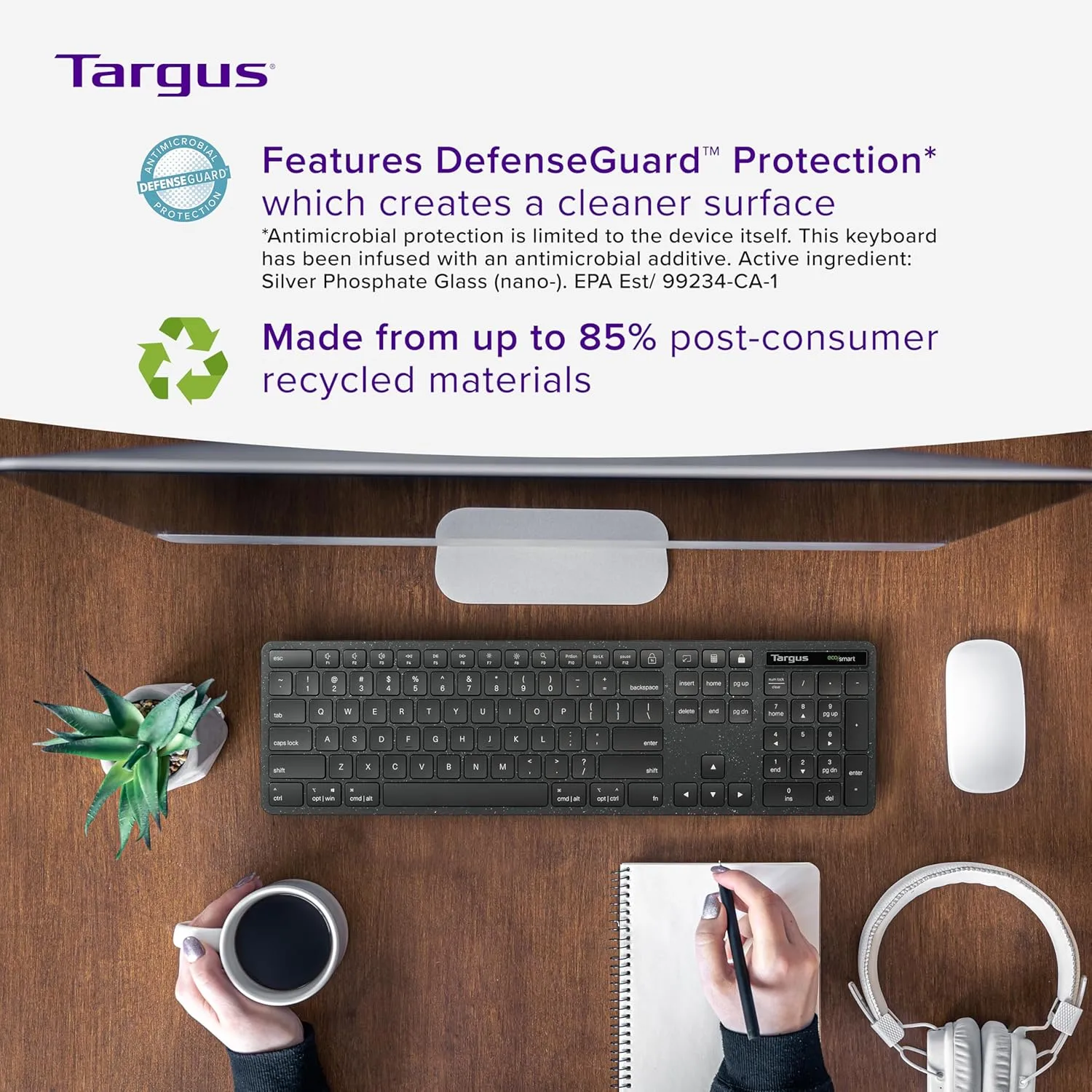 Targus Full-Size Wireless EcoSmart Keyboard 104 Key Keypad – Quiet Clicks – Instant Connectivity (AKB873US)
