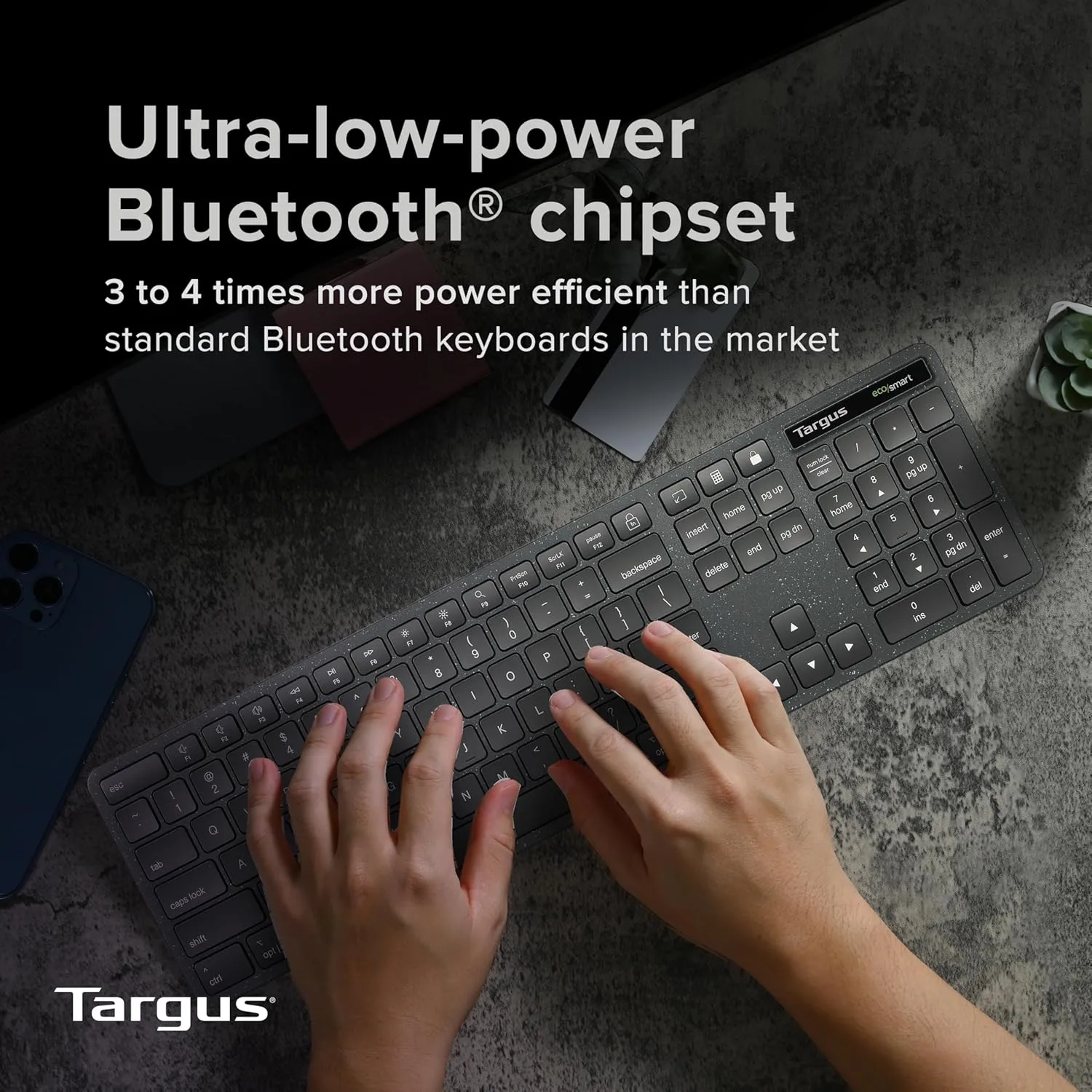 Targus Full-Size Wireless EcoSmart Keyboard 104 Key Keypad – Quiet Clicks – Instant Connectivity (AKB873US)