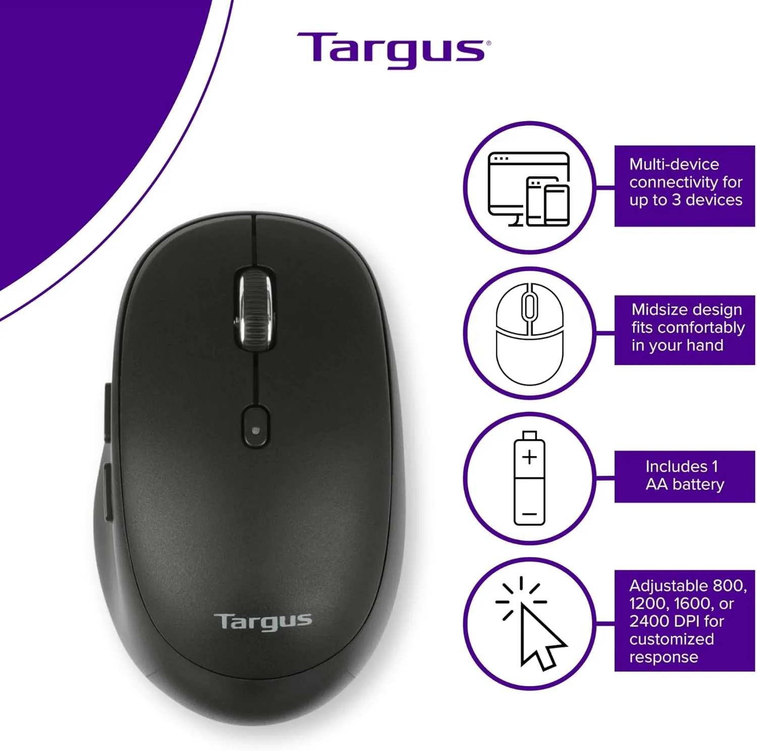 Targus Midsize Comfort Multi-Device Bluetooth Mouse - Compatible with Chrome OS, Windows, and macOS (AMB582GL)