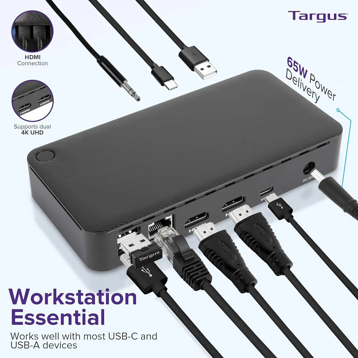 Targus USB C Docking Station Universal DV4K, USB C Laptop Docking Station Dual Monitor 2 HDMI, 65W Power Delivery