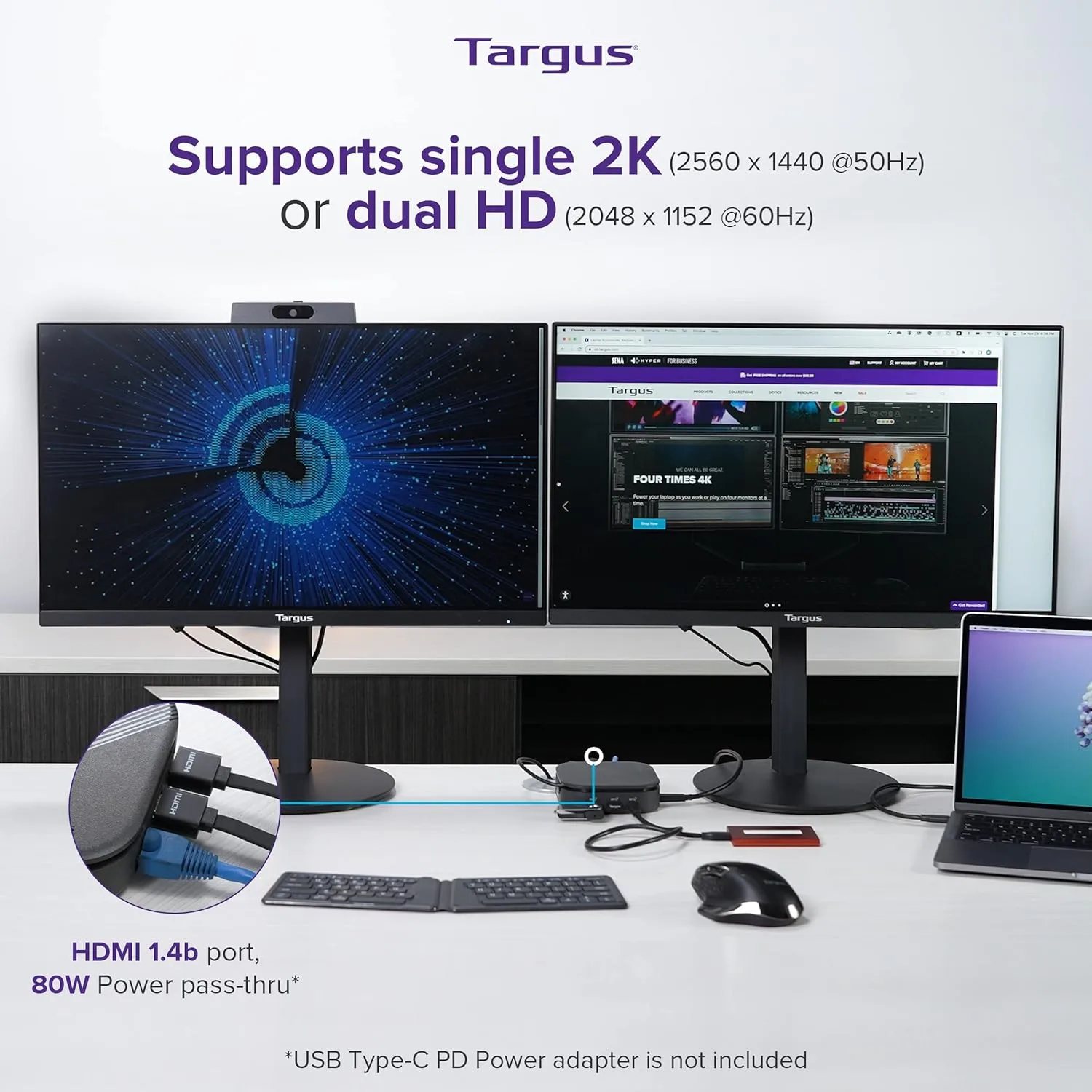 Targus USB-C Universal Dual HD Docking Station with 80W PD Pass-Thru, Docking Station Dual Monitor (HD) or Single Monitor
