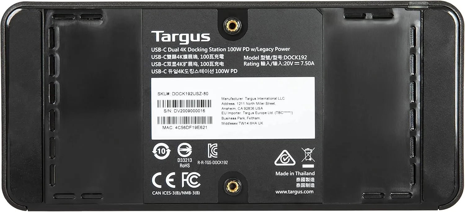 Targus USB C Docking Station Universal DV4K, USB C Laptop Docking Station Dual Monitor 2 HDMI, with Legacy Host Power Kit