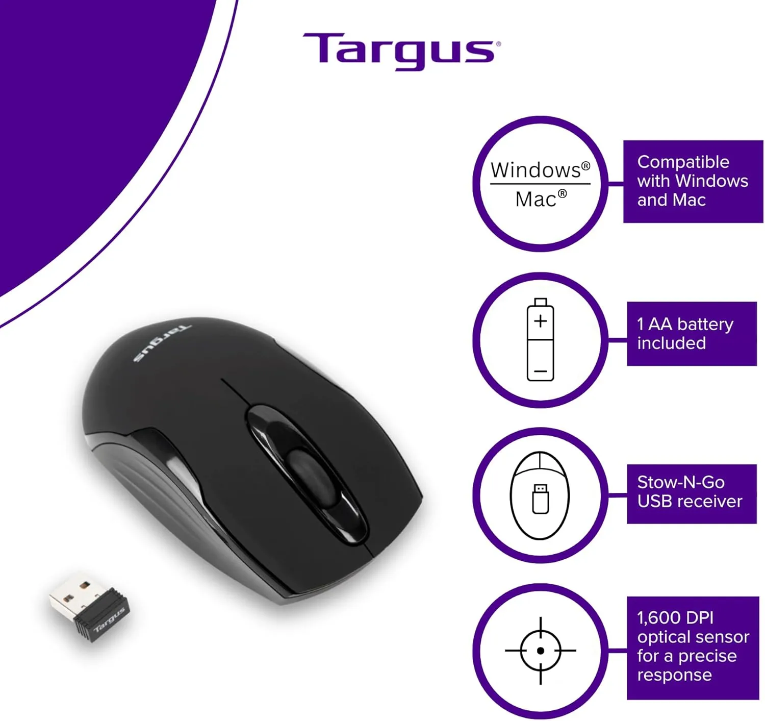Targus W575 Wireless Optical Mouse, Full Size, Black, AMW575TT