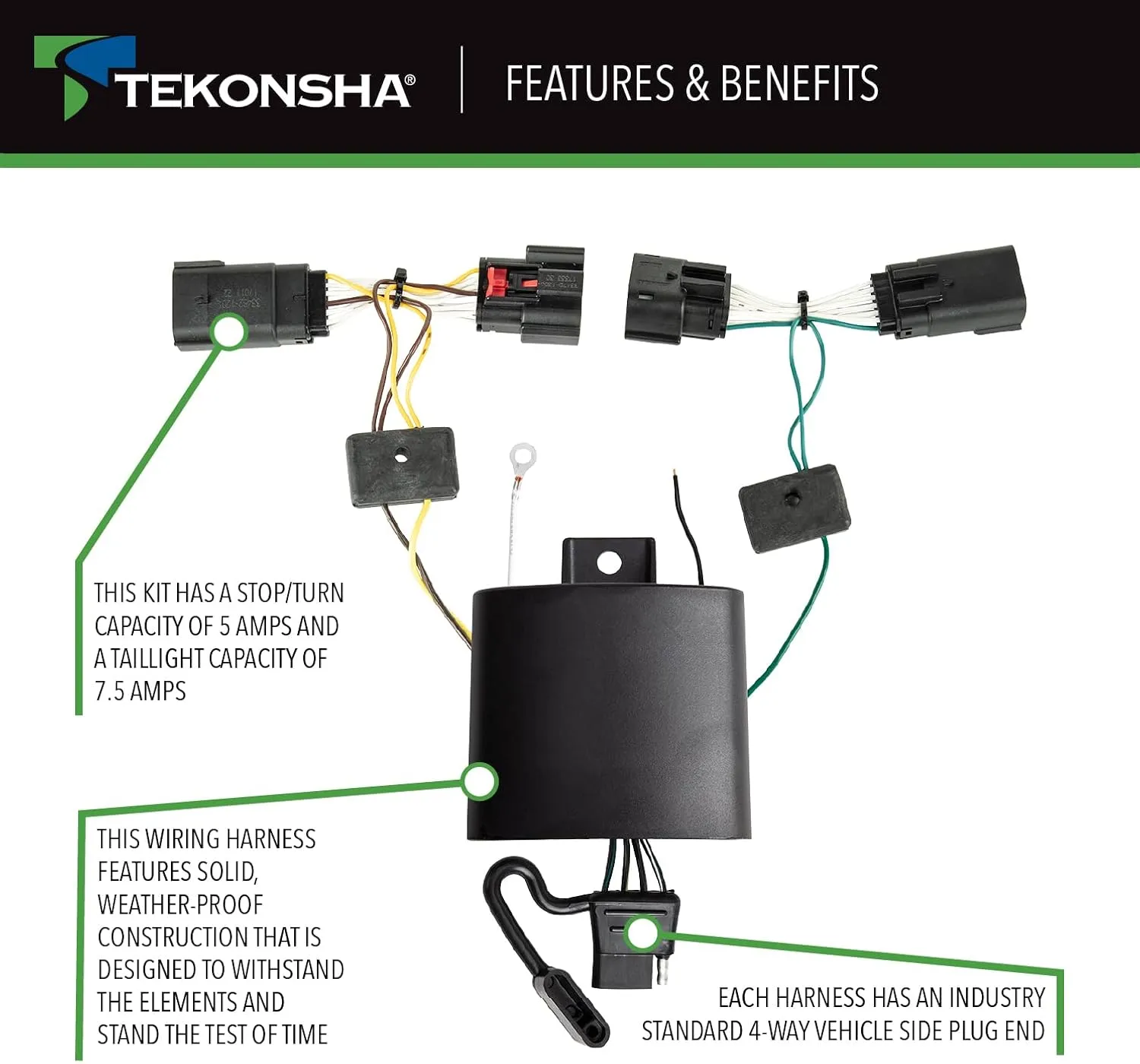 Tekonsha 118786 T-One® T-Connector Custom Harness, 4-Way Flat, w/Circuit Protected ModuLite® HD Module, Compatible with 2020-2024 Jeep Gladiator, 2018-2024 Jeep Wrangler.