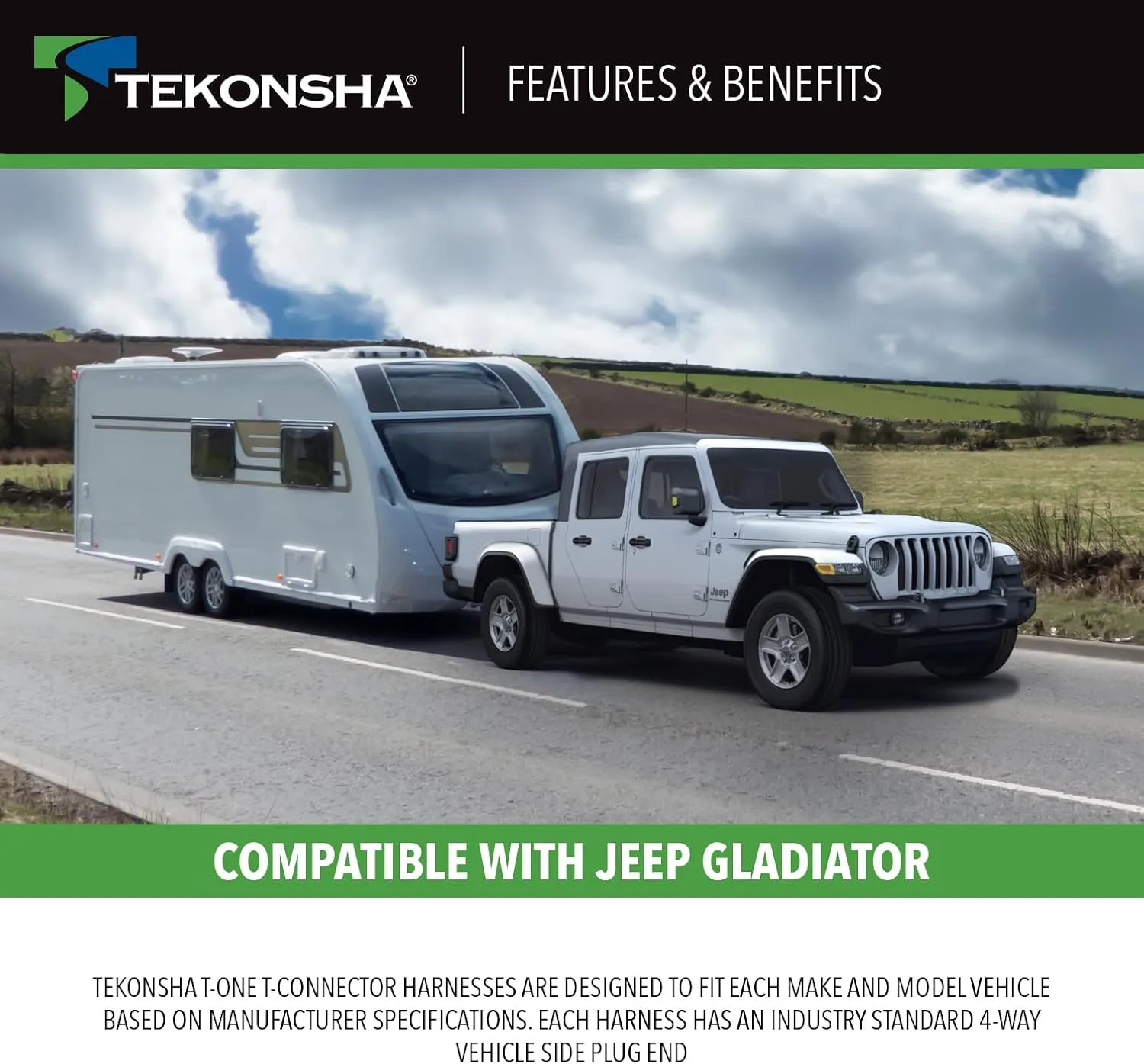 Tekonsha 118786 T-One® T-Connector Custom Harness, 4-Way Flat, w/Circuit Protected ModuLite® HD Module, Compatible with 2020-2024 Jeep Gladiator, 2018-2024 Jeep Wrangler.