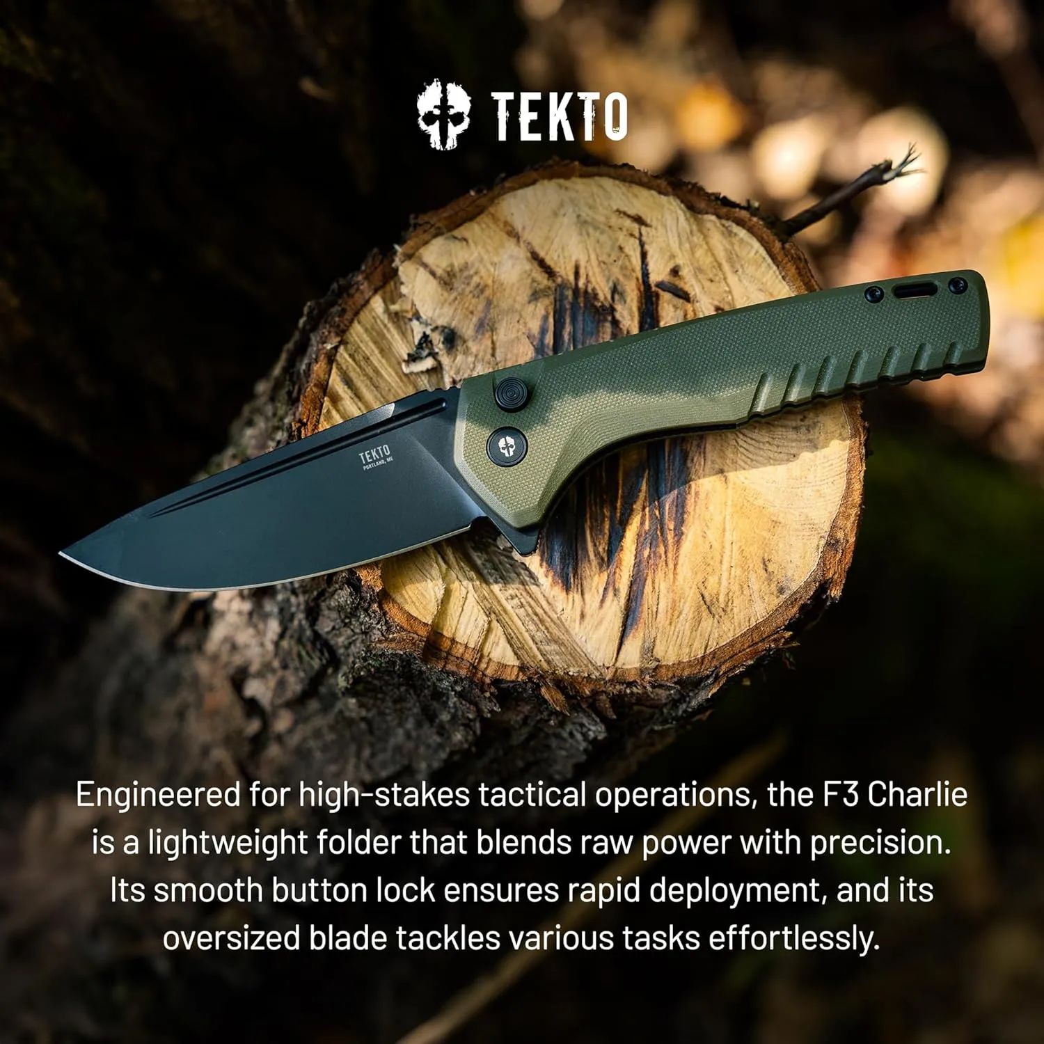 F3 Charlie Button Lock Folding Knife, Fine Edge Blade, Tactical OD Green G10 Handle