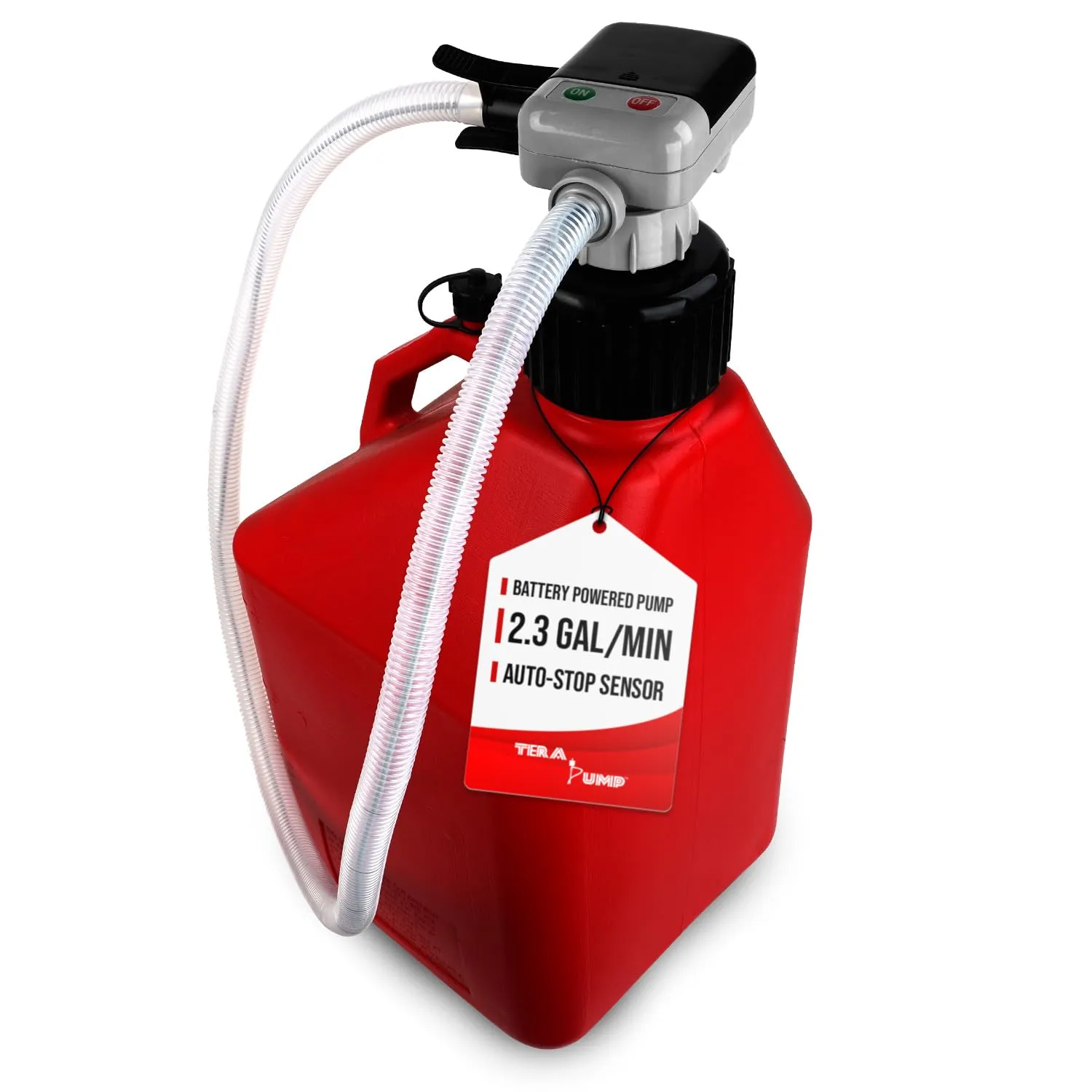 TERA PUMP Battery Powered Chemical Resistant Fuel Transfer Pump (2.3 GPM) with Auto Stop Sensor, 4.25ft Hose