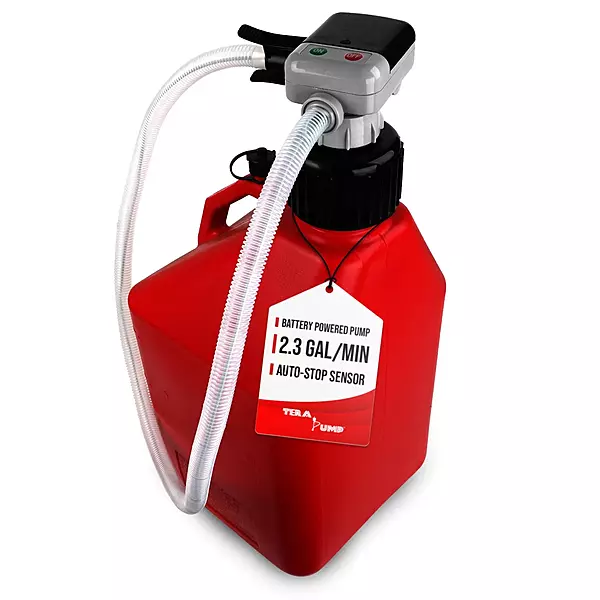 TERA PUMP Battery Powered Chemical Resistant Fuel Transfer Pump (2.3 GPM) with Auto Stop Sensor, 4.25ft Hose