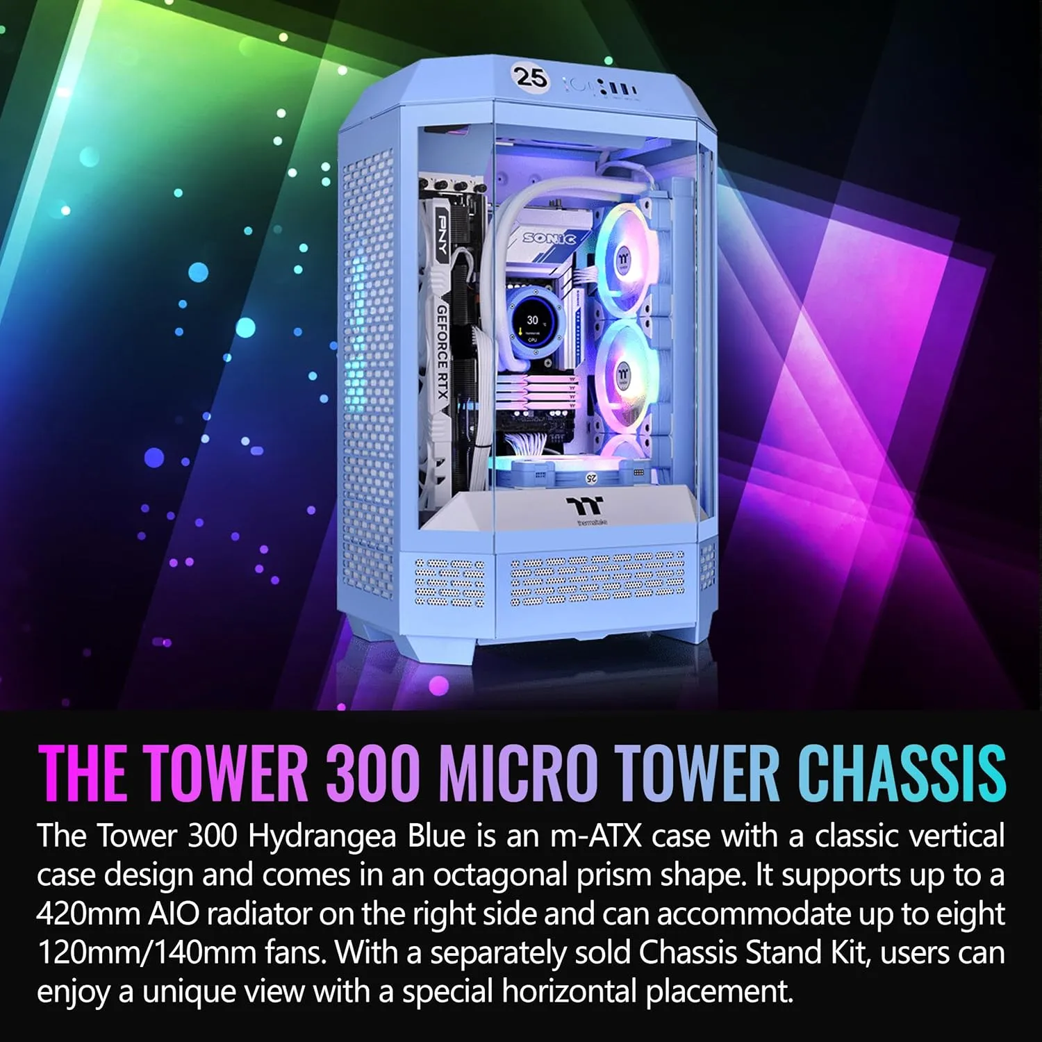 Thermaltake Tower 300 Hydrangea Blue Micro-ATX Case with 2x140mm Fans, Supports 420mm Radiator