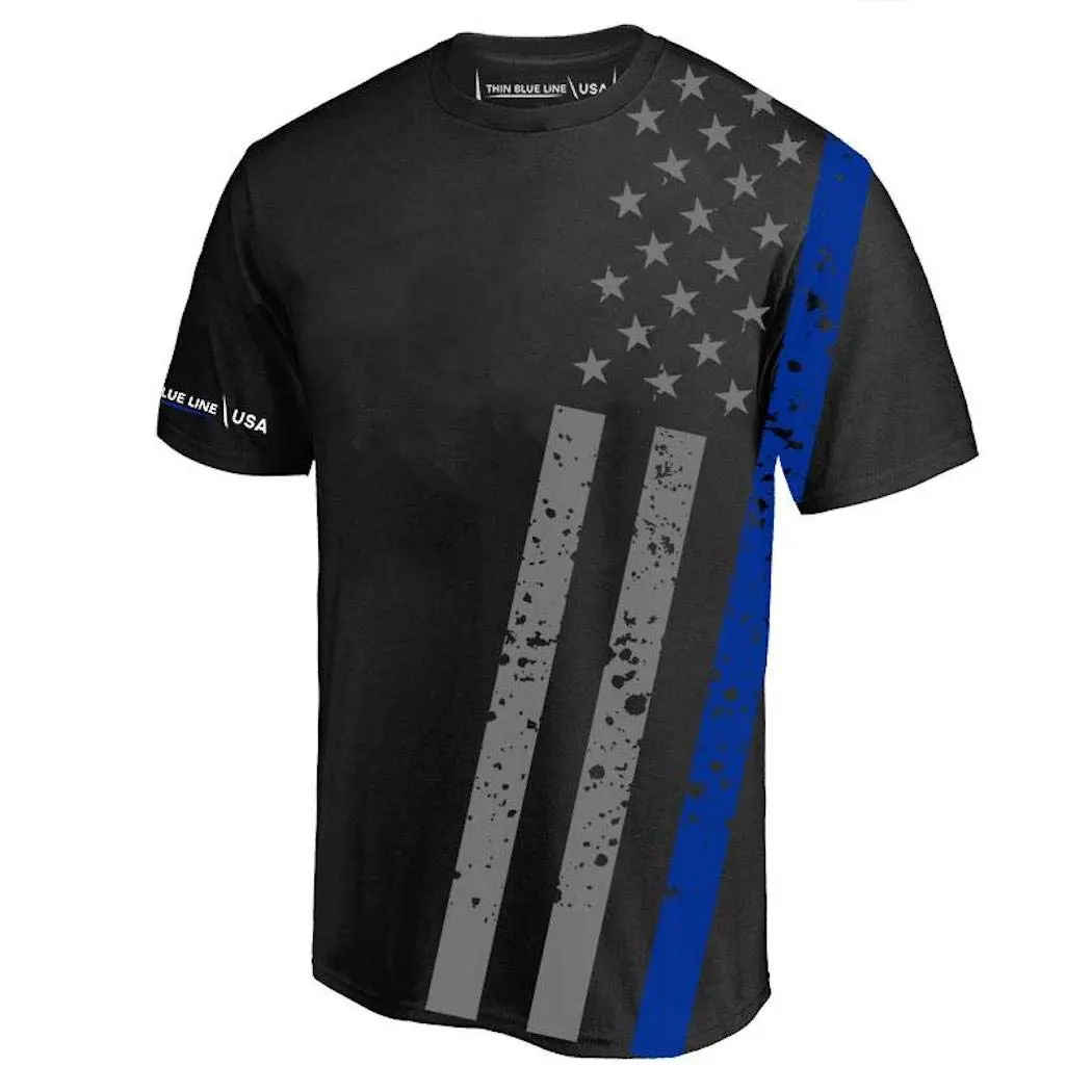 THIN BLUE LINE Athletic Moisture-Wicking Men's Shirt - Distressed Thin Blue Line Flag