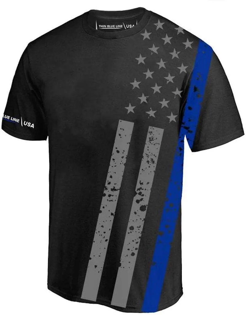 THIN BLUE LINE Athletic Moisture-Wicking Men's Shirt - Distressed Thin Blue Line Flag