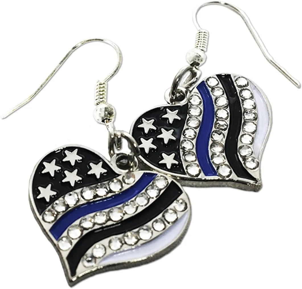 Thin Blue Line Earrings Thin Blue Line Heart, Rhinestone
