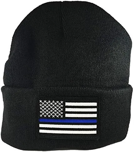 Thin Blue Line Flag Winter Hat Black Police Knit Cap USA Made