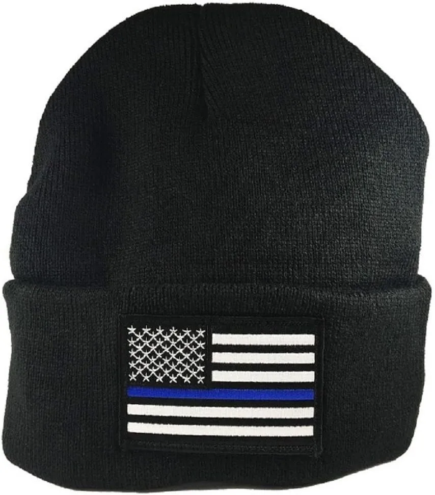 Thin Blue Line Flag Winter Hat Black Police Knit Cap USA Made