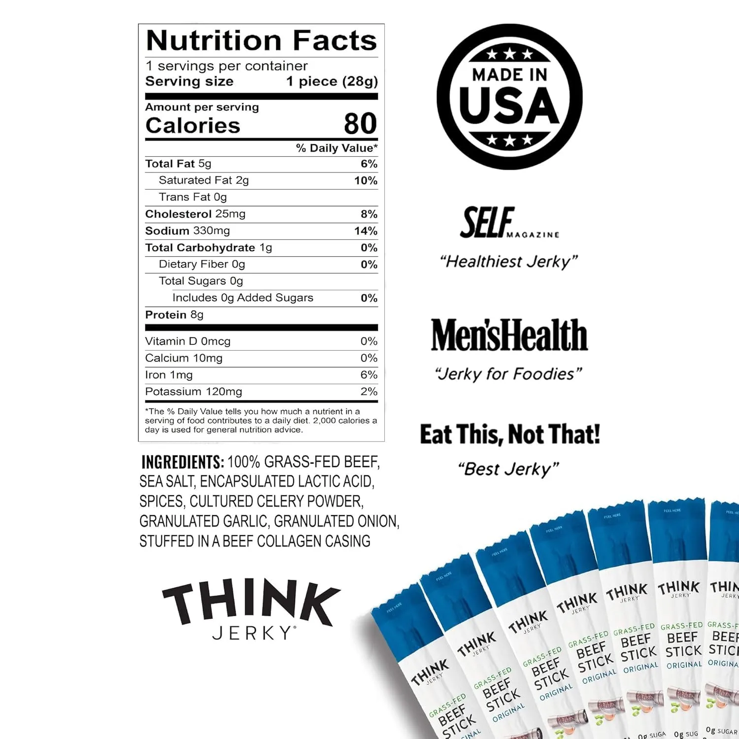 Think Jerky Original Beef Sticks, Gluten and Sugar Free, No Nitrates, Keto Paleo Friendly High Protein Low Carb Meat Snack