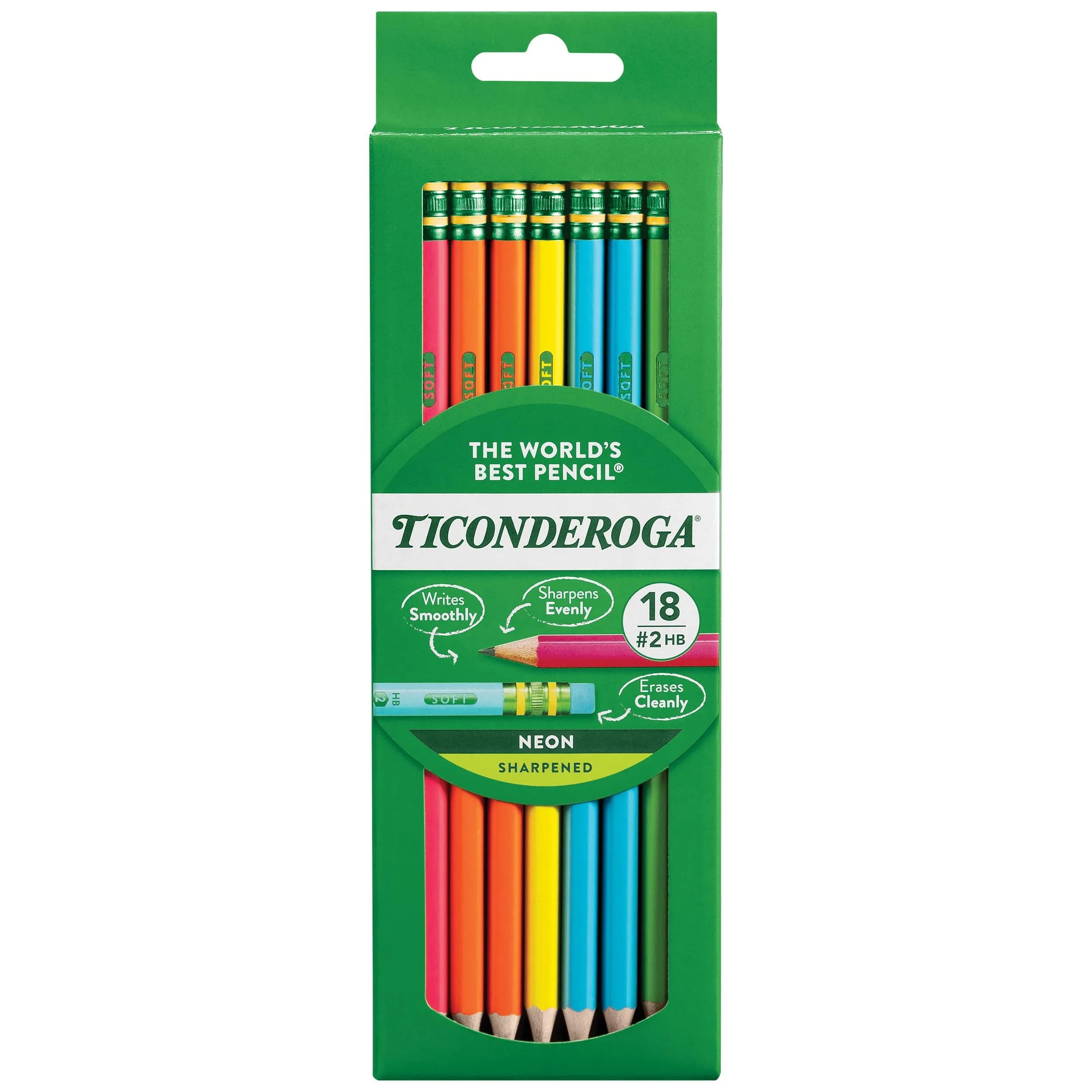 Ticonderoga Wood-Cased Pre-Sharpened #2 HB Soft Neon Pencils, 18 Count