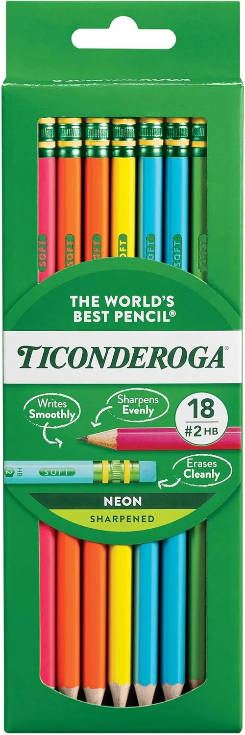 Ticonderoga Wood-Cased Pre-Sharpened #2 HB Soft Neon Pencils, 18 Count
