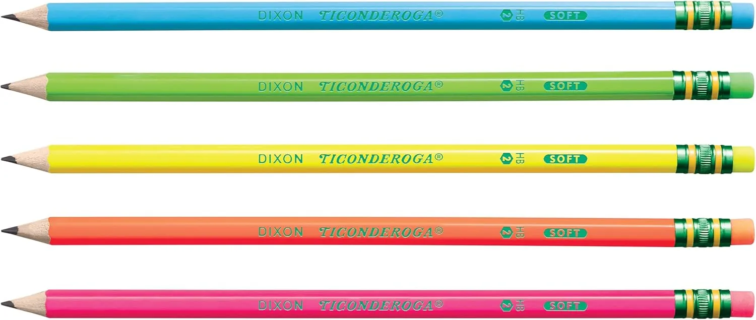 Ticonderoga Wood-Cased Pre-Sharpened #2 HB Soft Neon Pencils, 18 Count