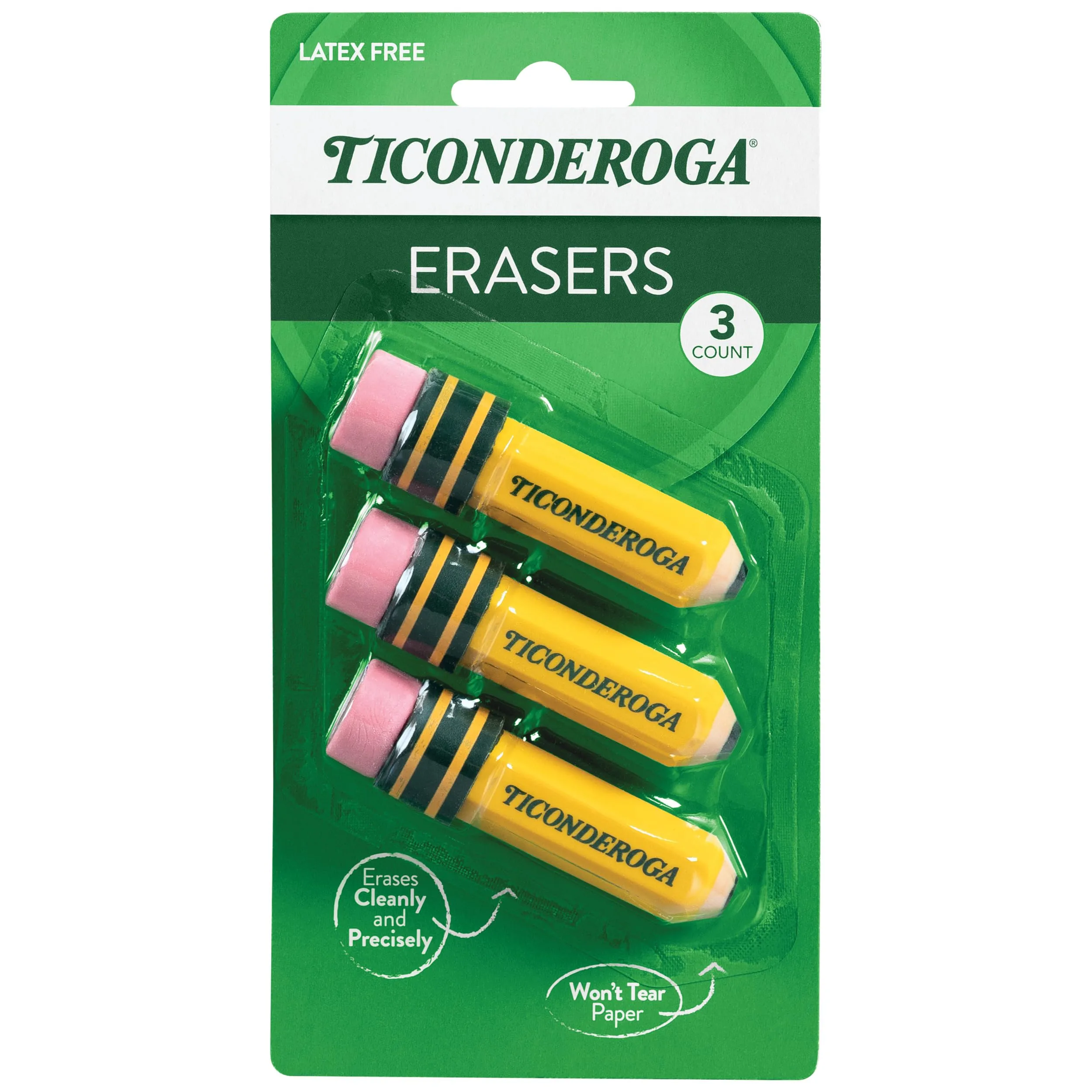 TICONDEROGA Erasers, Pencil Shaped, Latex-Free, Yellow