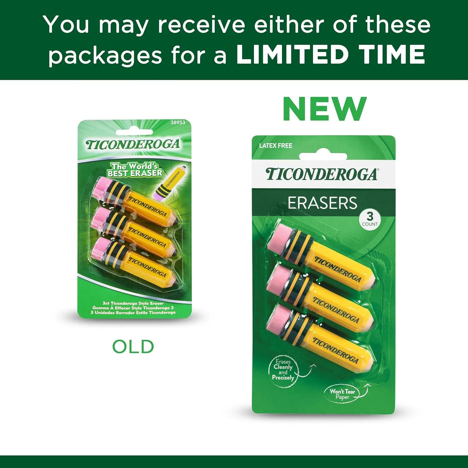 TICONDEROGA Erasers, Pencil Shaped, Latex-Free, Yellow
