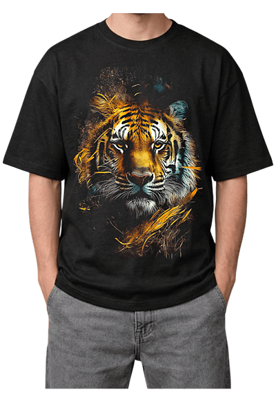 Vibrant Abstract Tiger Print Oversized Mens Black T-Shirt