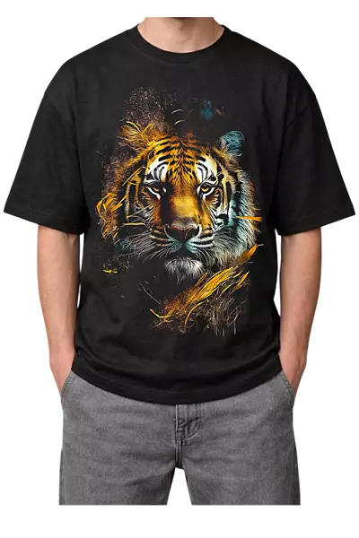 Vibrant Abstract Tiger Print Oversized Mens Black T-Shirt