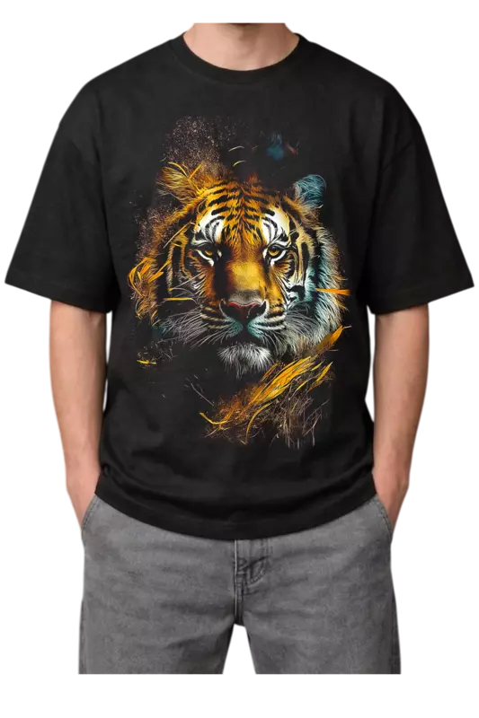 Vibrant Abstract Tiger Print Oversized Mens Black T-Shirt