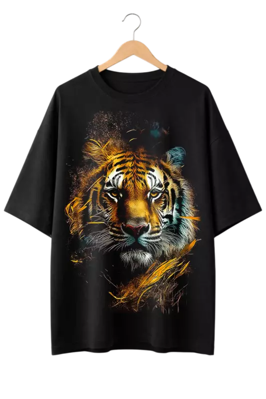 Vibrant Abstract Tiger Print Oversized Mens Black T-Shirt