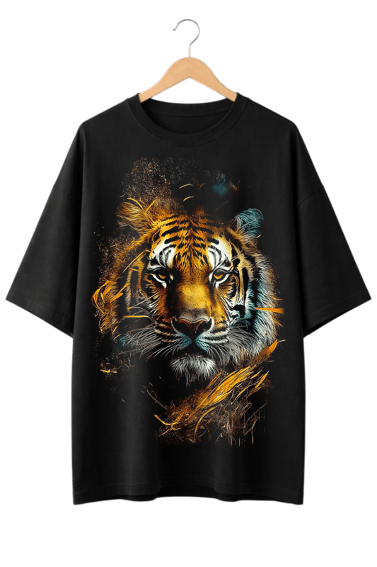 Vibrant Abstract Tiger Print Oversized Mens Black T-Shirt