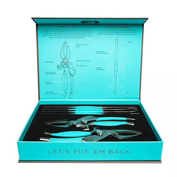 Toadfish Crab & Lobster Seafood Tool Set - 2 Shell Crackers With Cutters & 4 Multi-Use Forks - Non-Slip Grips