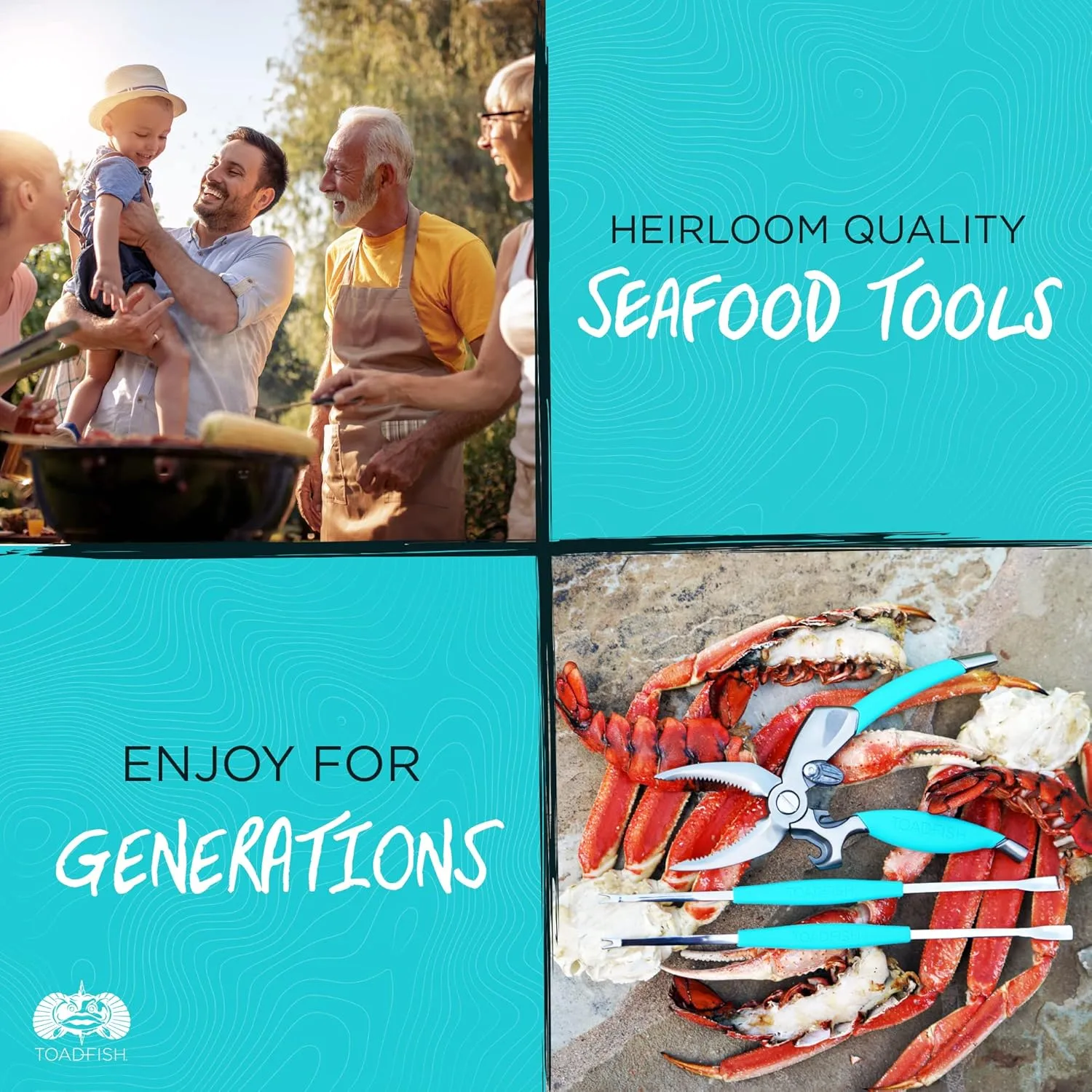 Toadfish Crab & Lobster Seafood Tool Set - 2 Shell Crackers With Cutters & 4 Multi-Use Forks - Non-Slip Grips