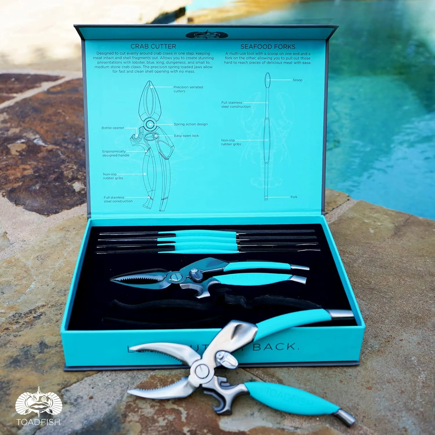 Toadfish Crab & Lobster Seafood Tool Set - 2 Shell Crackers With Cutters & 4 Multi-Use Forks - Non-Slip Grips