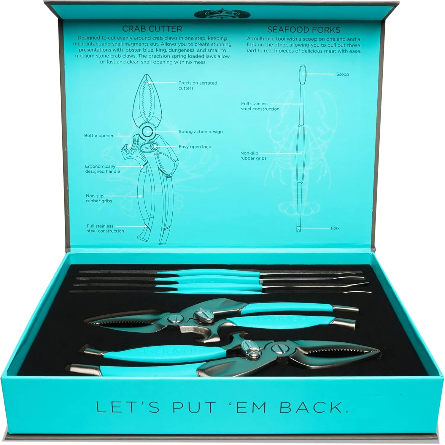 Toadfish Crab & Lobster Seafood Tool Set - 2 Shell Crackers With Cutters & 4 Multi-Use Forks - Non-Slip Grips