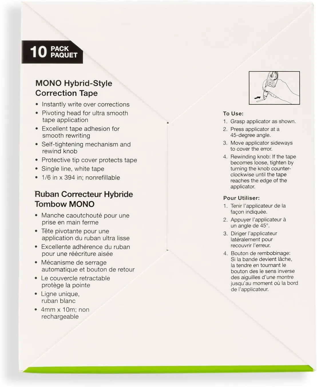 Tombow MONO Hybrid Correction Tape, 10-Pack, 0.17in x 394in, Non-Refillable