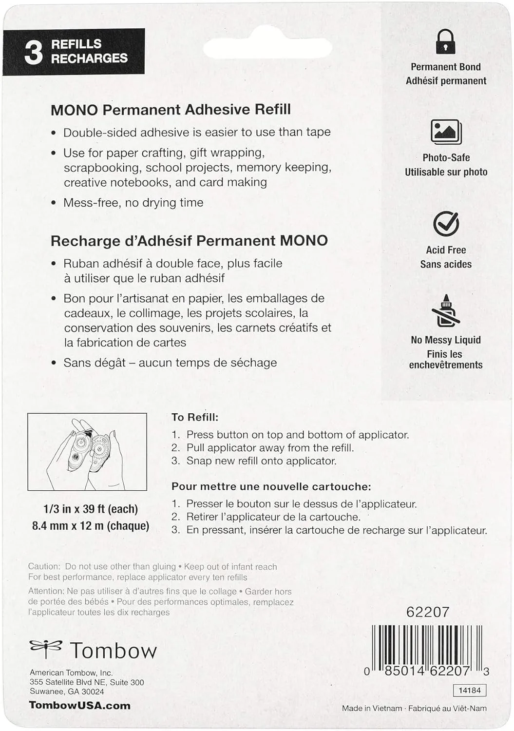Tombow 62207 MONO Permanent Adhesive Refills, 3-Pack. Easy to Use Refills for a Strong, Instant Bond
