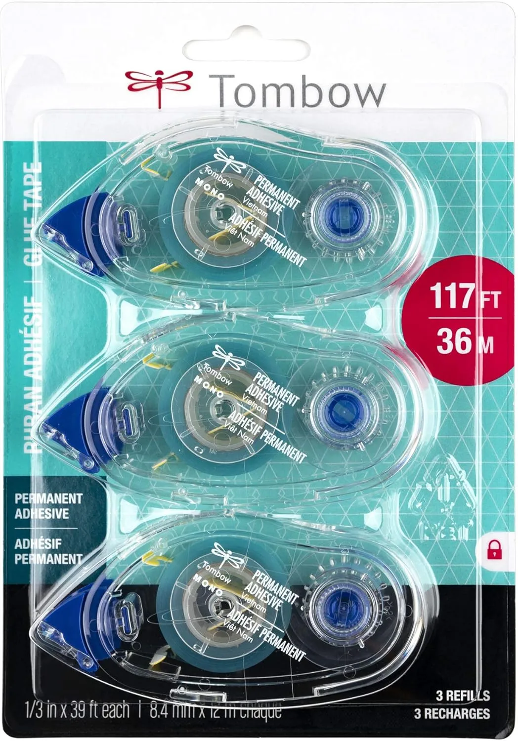 Tombow 62207 MONO Permanent Adhesive Refills, 3-Pack. Easy to Use Refills for a Strong, Instant Bond
