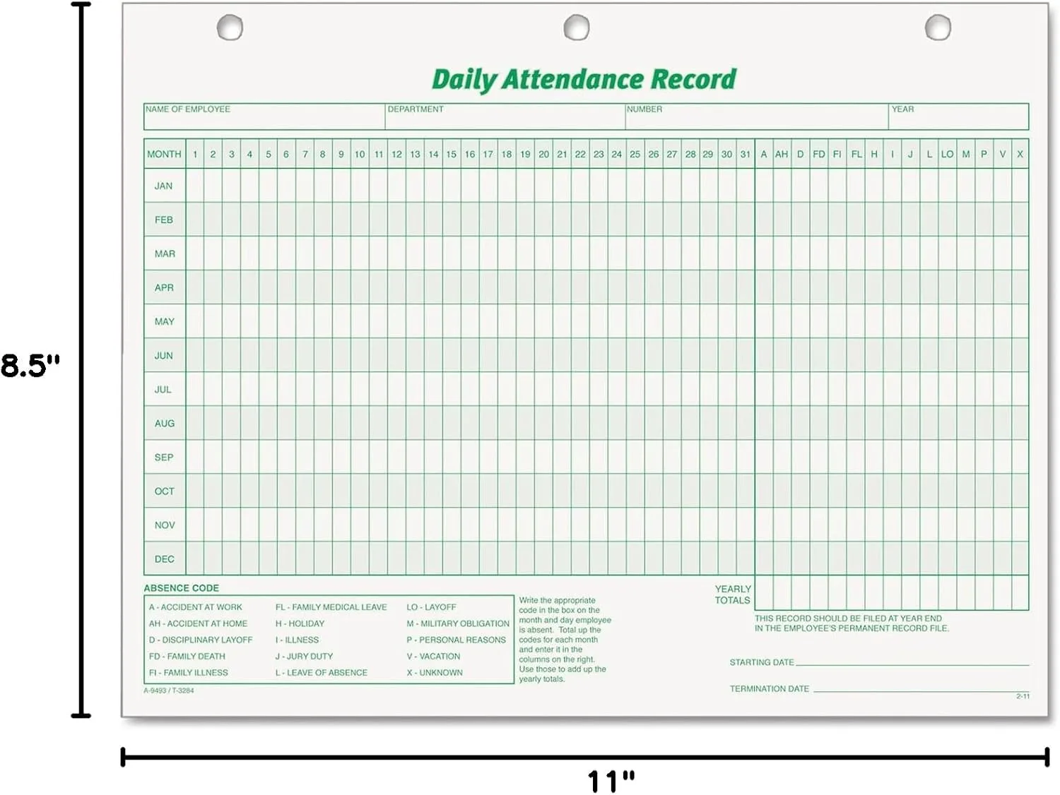TOPS 3284 Daily Attendance Card, 8 1/2 x 11, Green; White (Pack of 50 Forms)