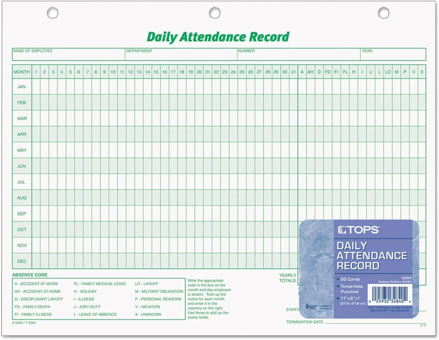 TOPS 3284 Daily Attendance Card, 8 1/2 x 11, Green; White (Pack of 50 Forms)