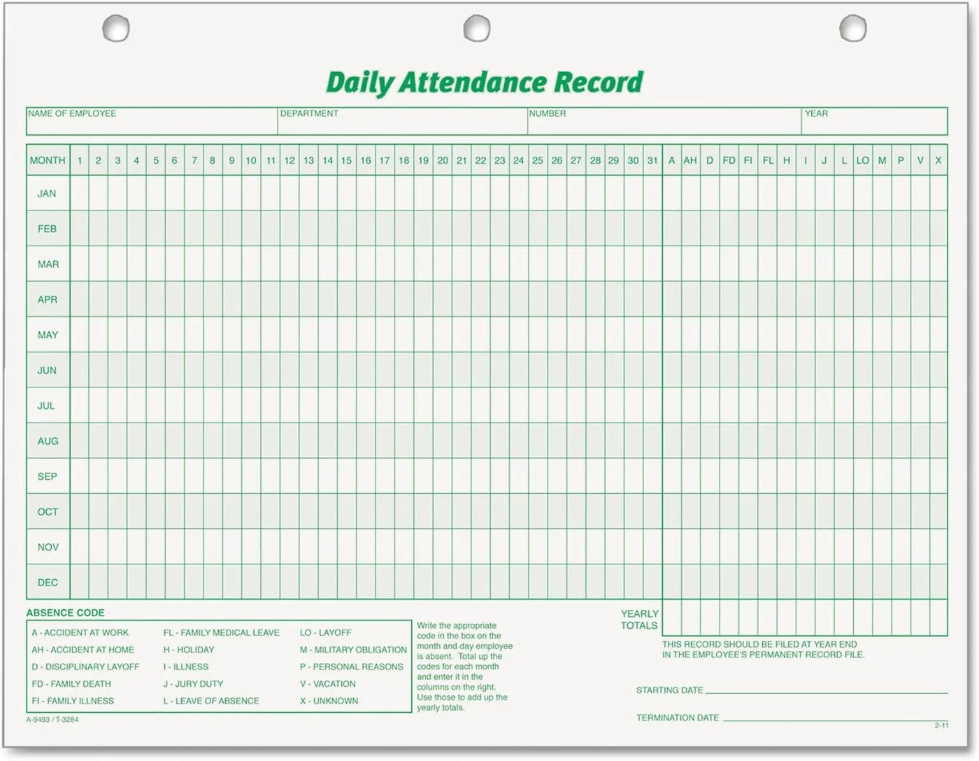 TOPS 3284 Daily Attendance Card, 8 1/2 x 11, Green; White (Pack of 50 Forms)