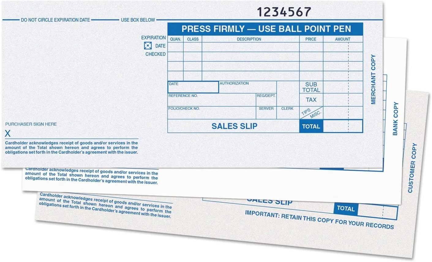 TOPS 38538 Credit Card Sales Slip, 7 7/8 x 3-1/4, Three-Part Carbonless, 100 Forms