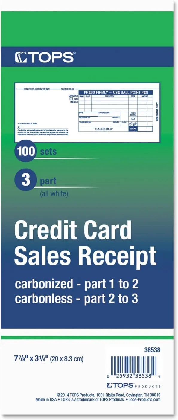 TOPS 38538 Credit Card Sales Slip, 7 7/8 x 3-1/4, Three-Part Carbonless, 100 Forms