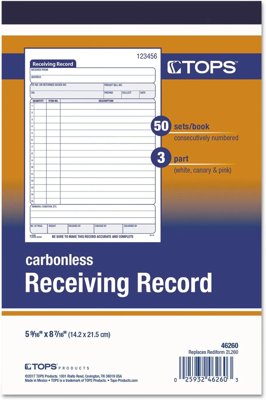 TOPS 46260 Receiving Record Book, 5 1/2 x 7 7/8, Three-Part Carbonless, 50 Sets/Book